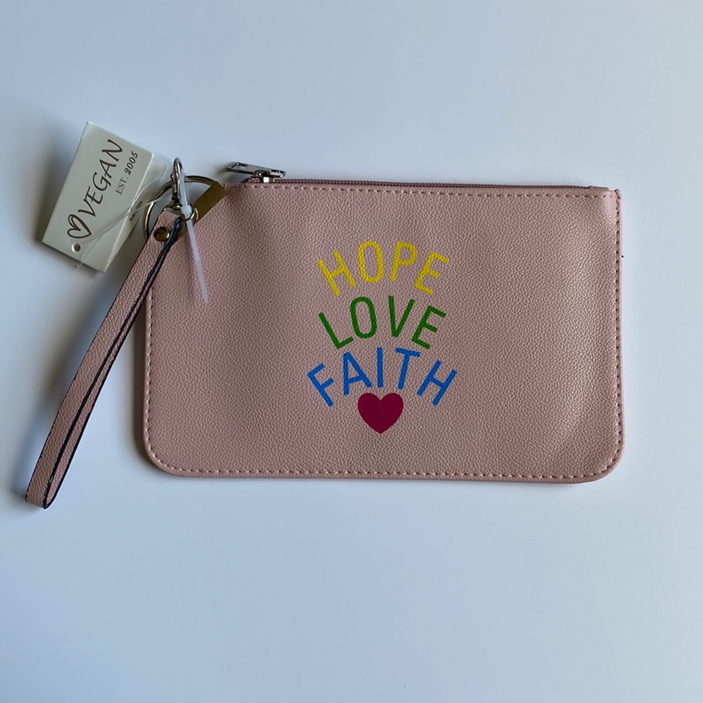 Vegan light pink “Hope Love Faith” wristlet